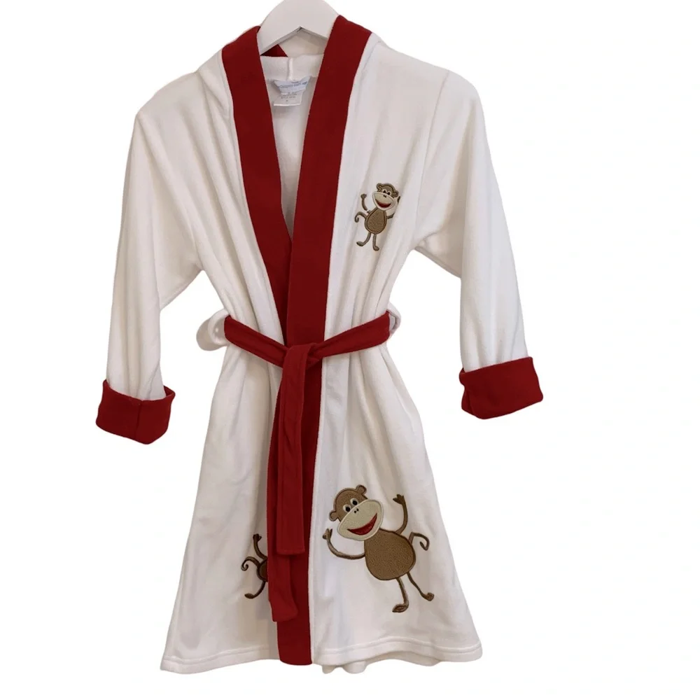 The Company Store Bathrobe Boys or Girls Hooded Fleece Size Med White Burgundy